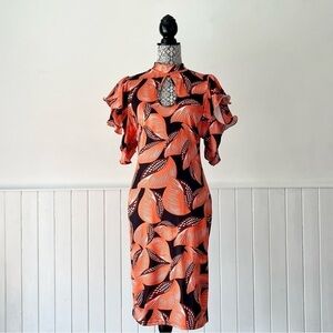 Glamaker Tropical Print Mock Neck Butterfly Sleeve Dress Size L